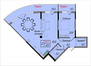 2 комнатная квартира 83,9м²